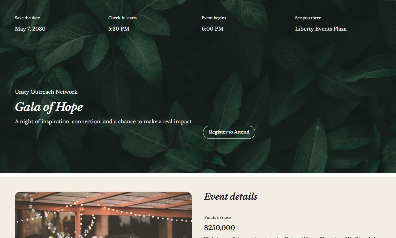 Gala of Hope template: top of the home page