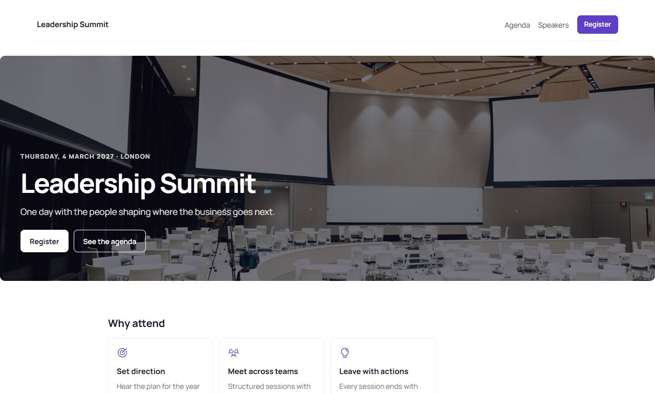 Leadership summit template: top of the home page
