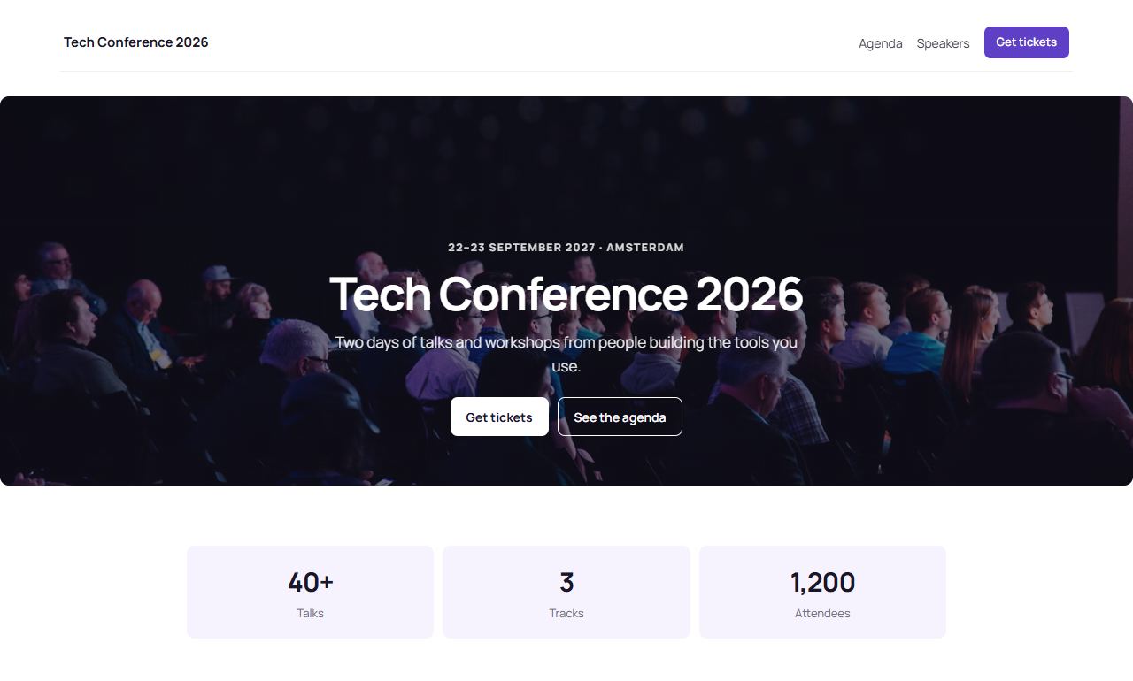 Tech conference template: top of the home page